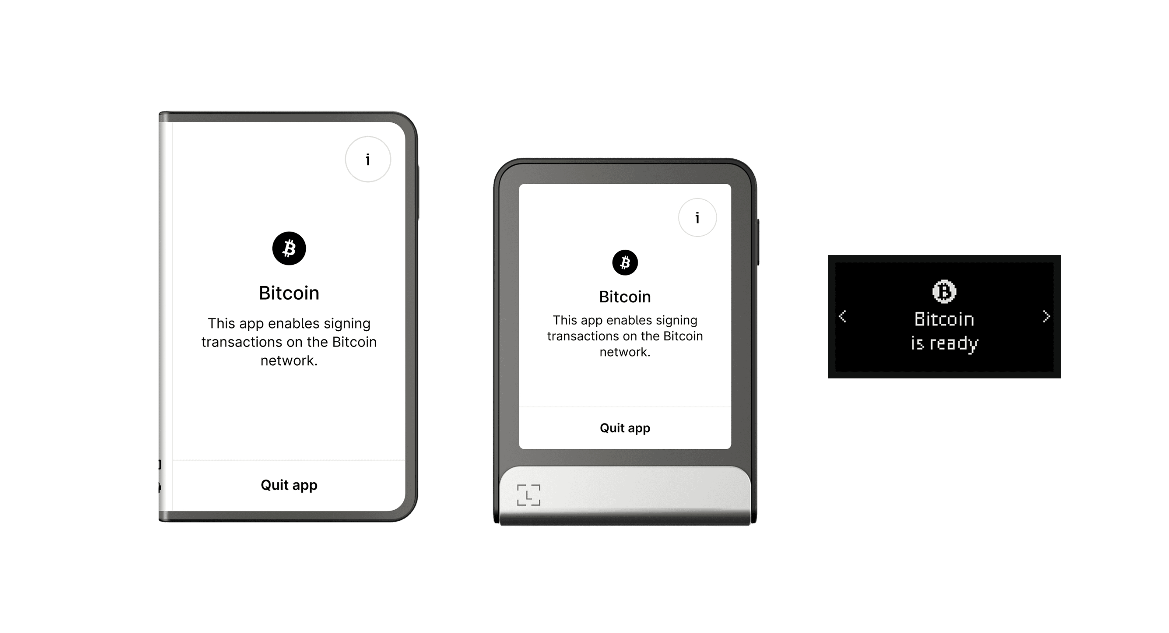 Bitcoin app home screen showing the app icon, name, and description on Ledger Stax, Ledger Flex, and Nano devices