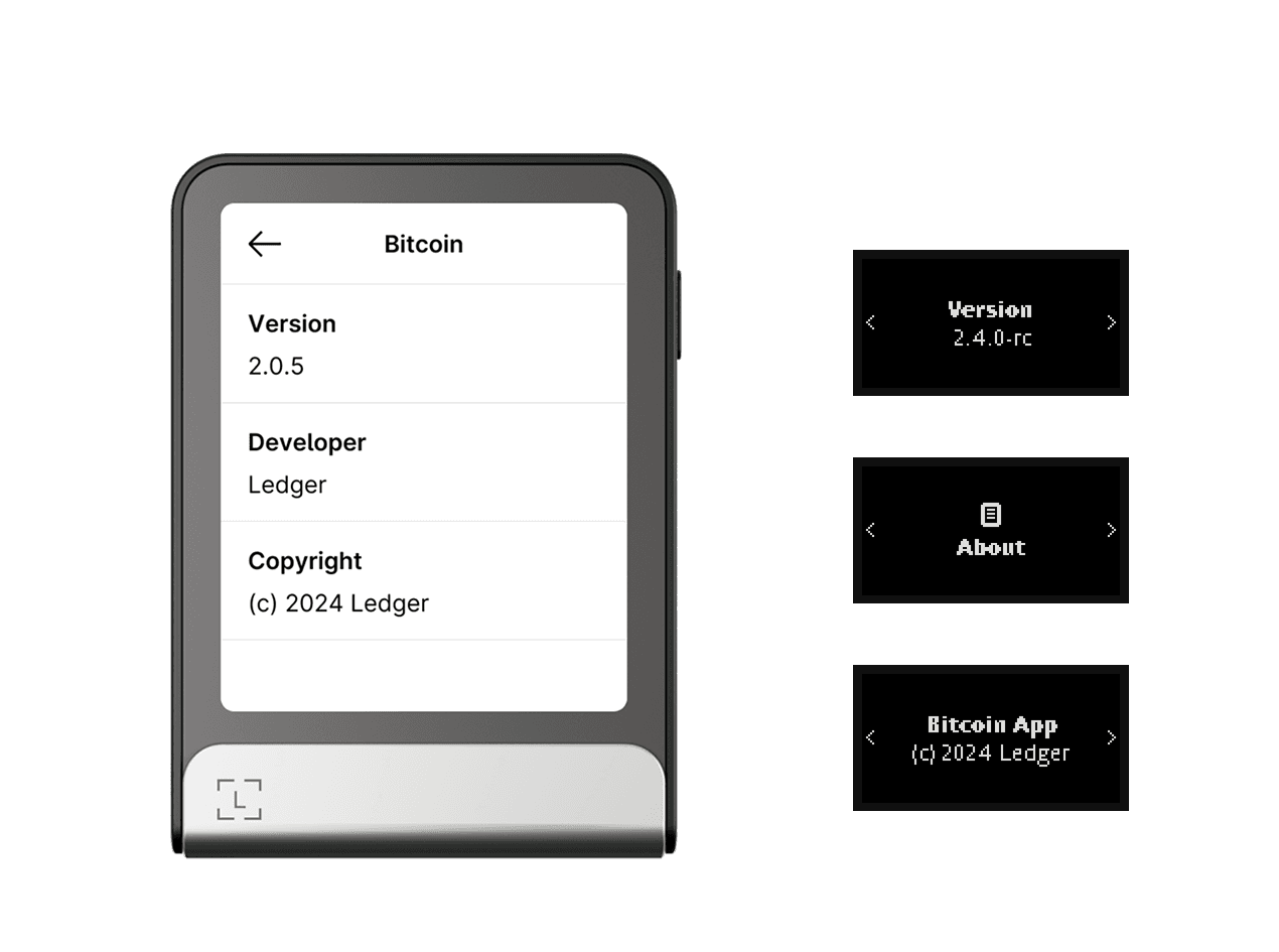 Bitcoin app info screen showing version number and developer name, on Flex and Nano devices