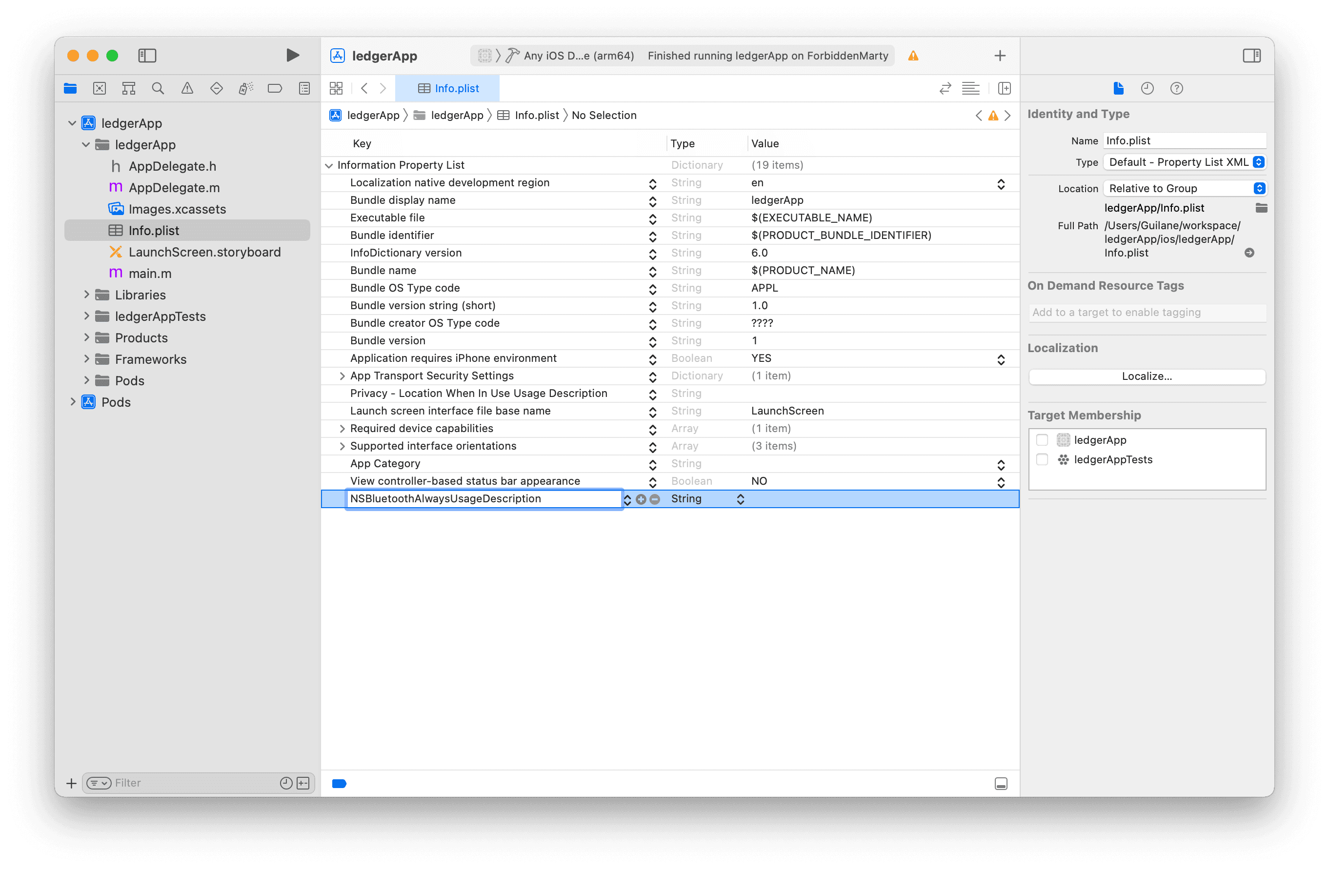 Add NSBluetoothAlwaysUsageDescription in info.plist