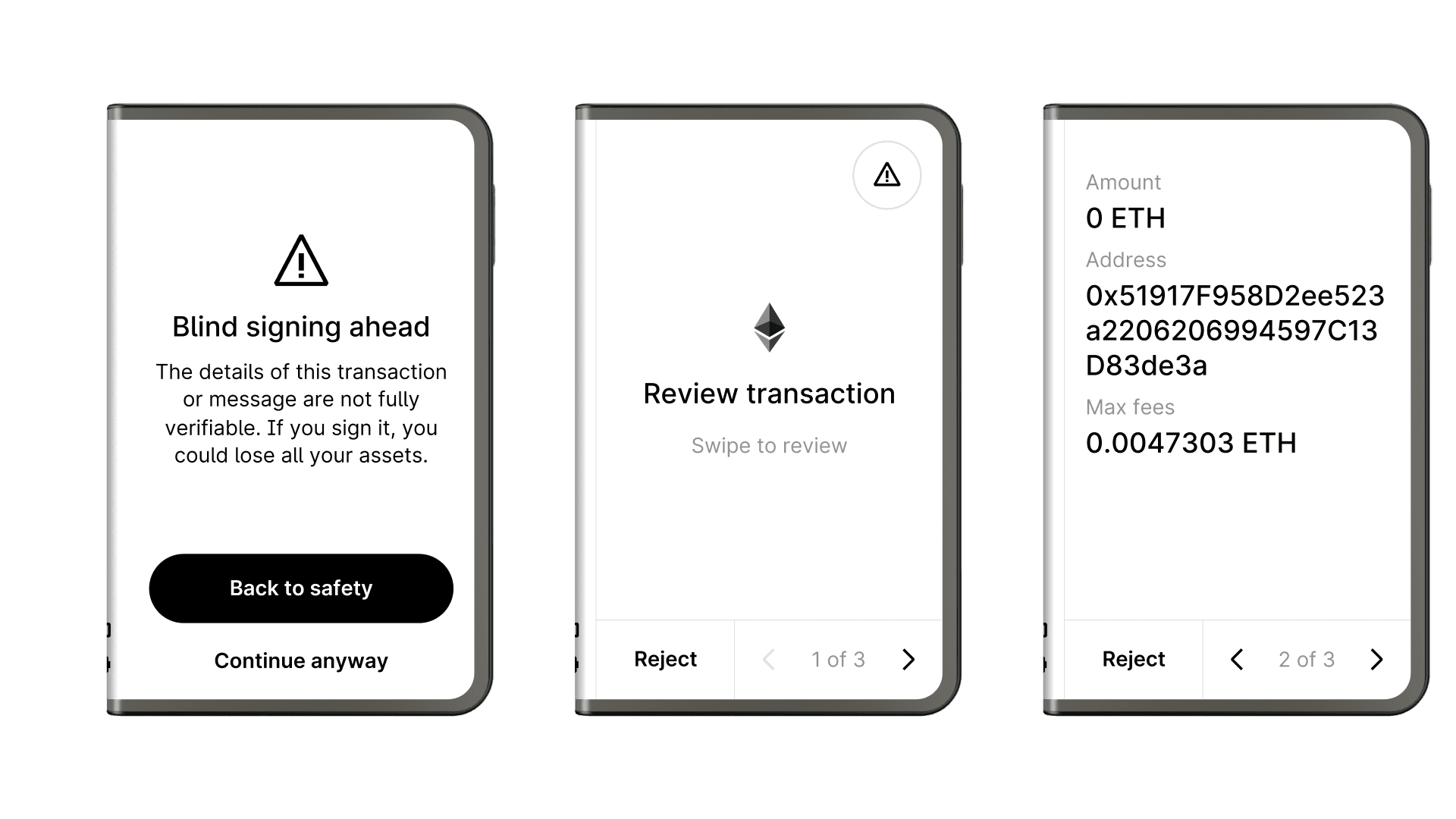 Ledger Stax blind signing sequence step 1: unknown ERC-20 token approval with null amount and missing token info