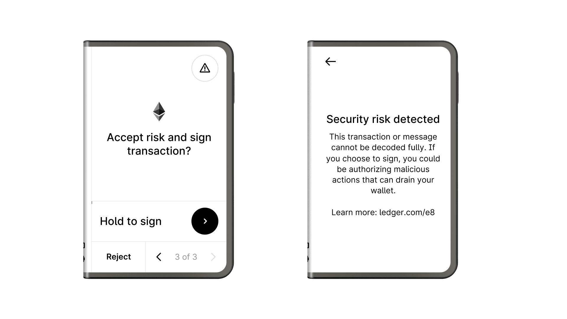Ledger Stax blind signing sequence step 2: warning modal opened from the warning icon on the intent page