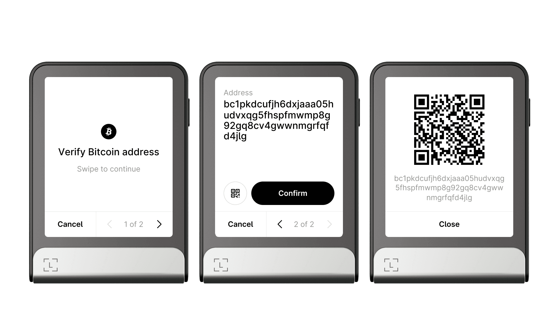 Address verification flow on Ledger Stax and Flex: verification prompt, full address display, and QR code display