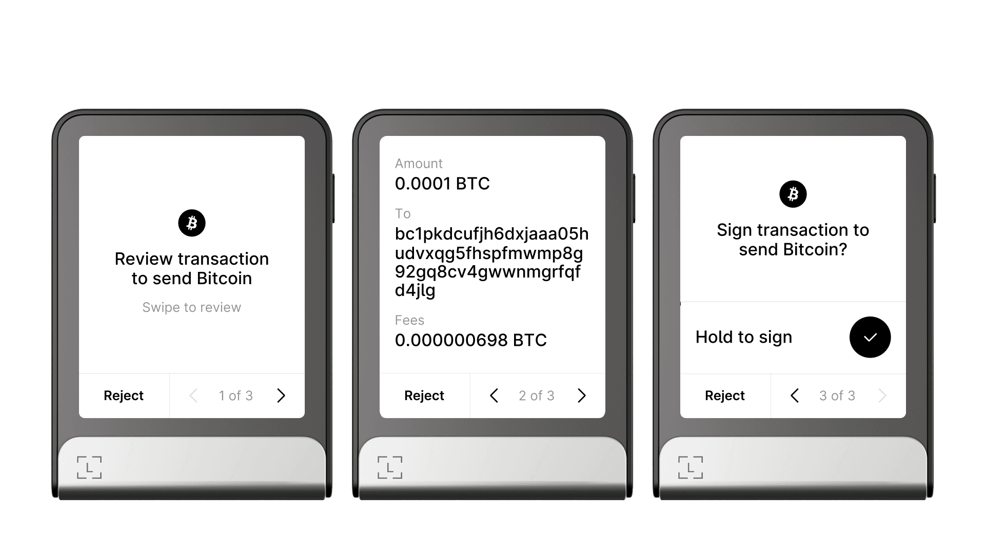 Bitcoin transaction review structure on Ledger Flex, showing the intent, amount and address fields, fee field, and signing page