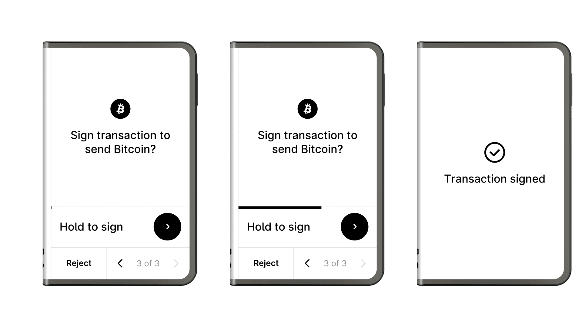 Bitcoin transfer signing page on Ledger Stax, showing the Hold to sign gesture and the success notification