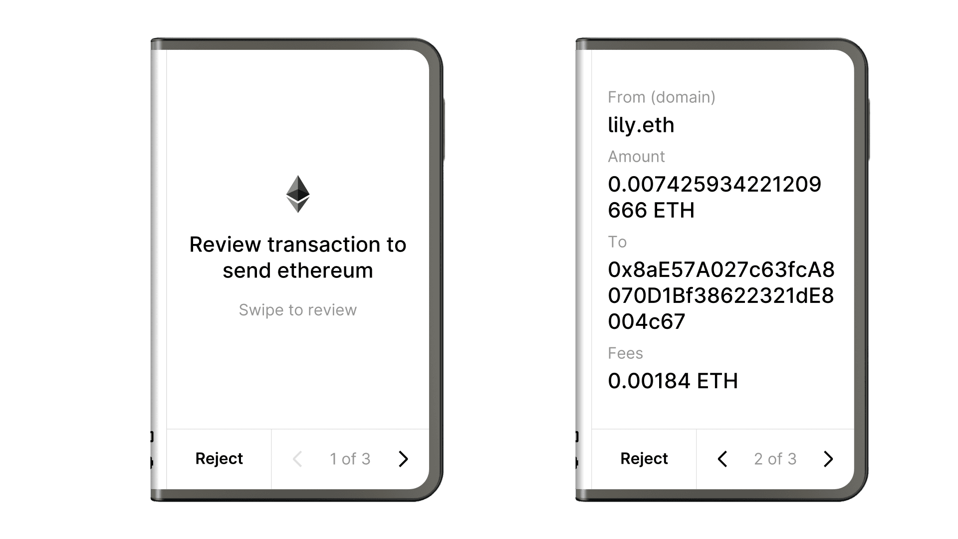 Ethereum transfer review on Ledger Stax and Flex, showing From, Amount, To, and Fees fields in the standard order