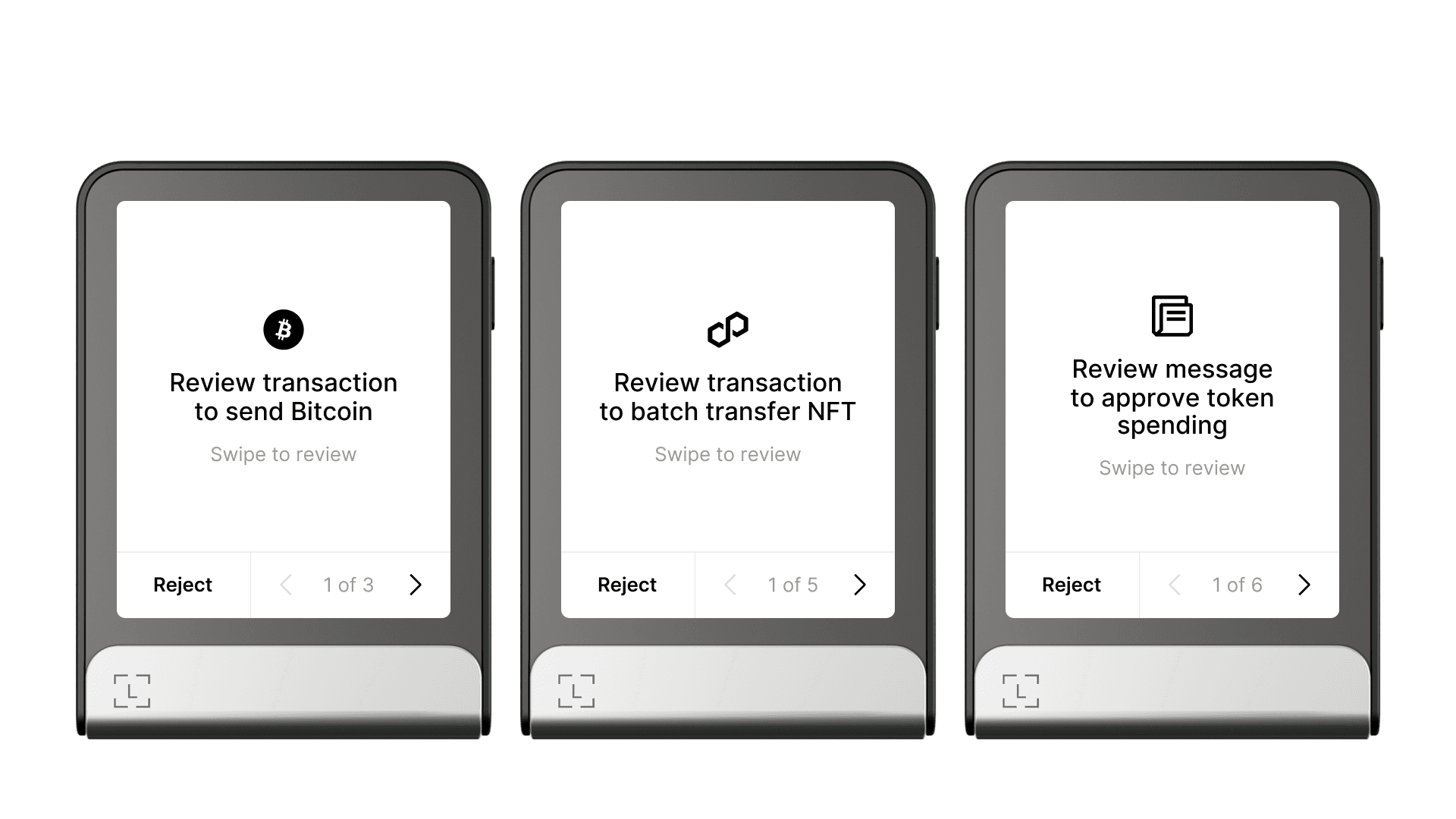 Intent screen examples on Ledger Stax and Flex: Bitcoin transfer intent, NFT transfer on Polygon intent, and Ethereum Permit2 message intent