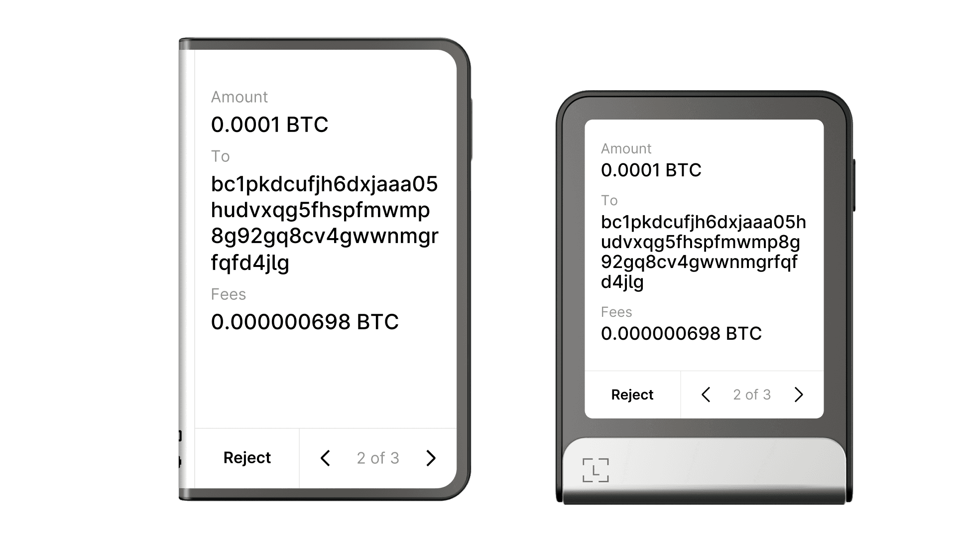 Bitcoin transfer fields on Ledger Stax and Ledger Flex, showing key-value pairs for amount, recipient, and fees, with layout differences handled automatically by the API
