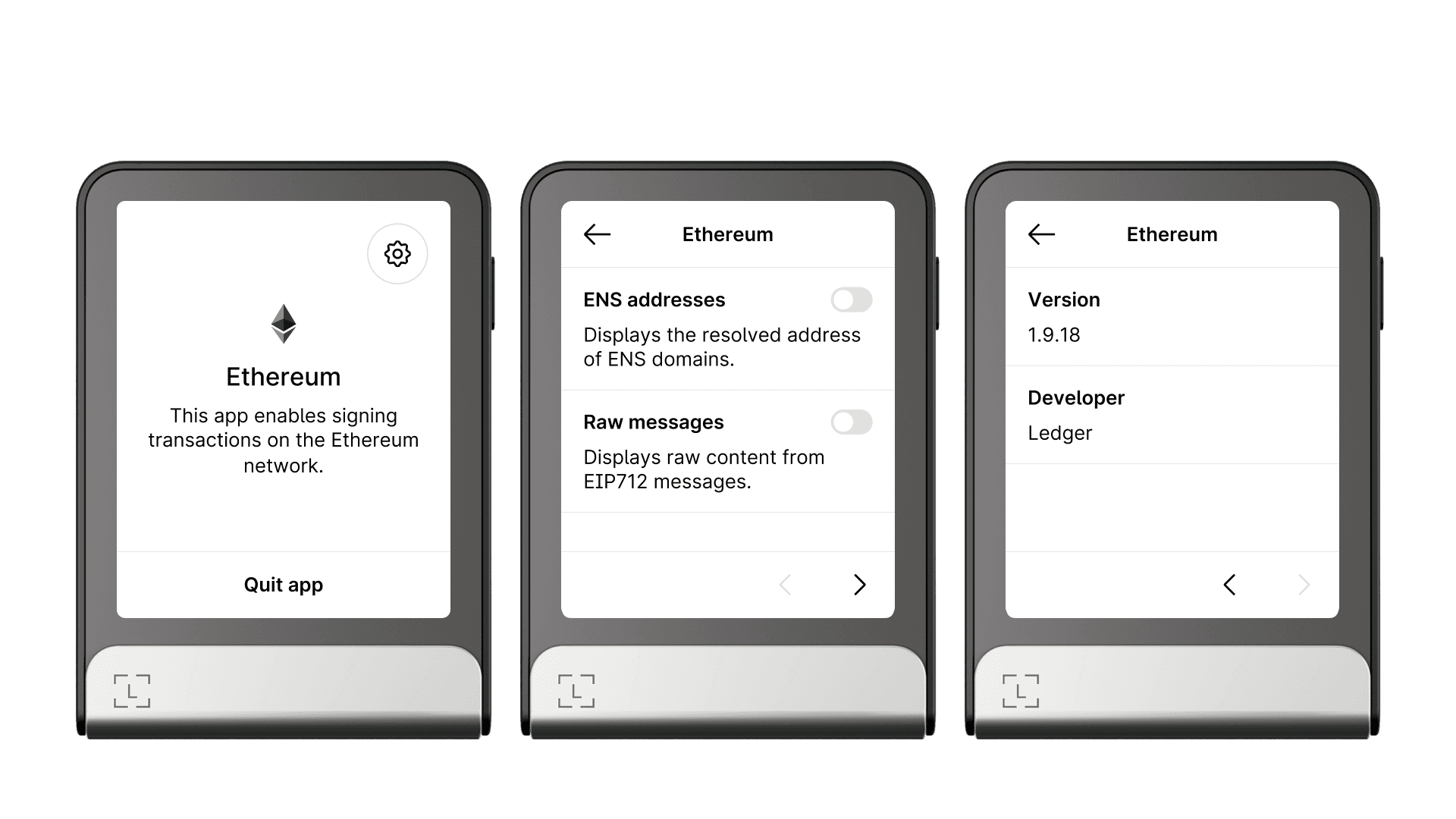 Ethereum app settings screen on Flex and Stax, showing the wheel icon on the home screen and the settings page appearing before the info page