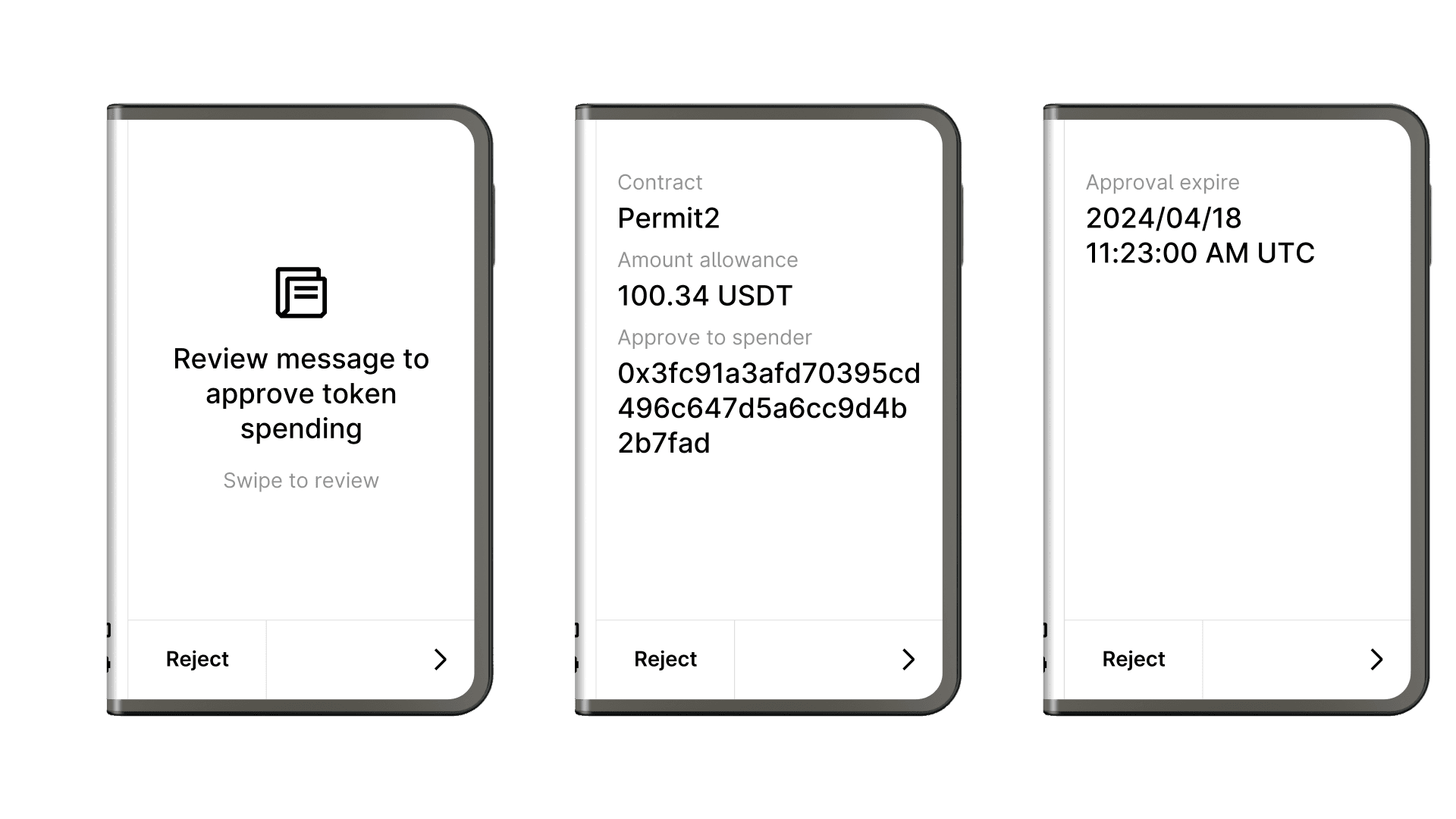 Streamed transaction UI on Ledger Stax and Flex, showing a footer without a back arrow or page numbers