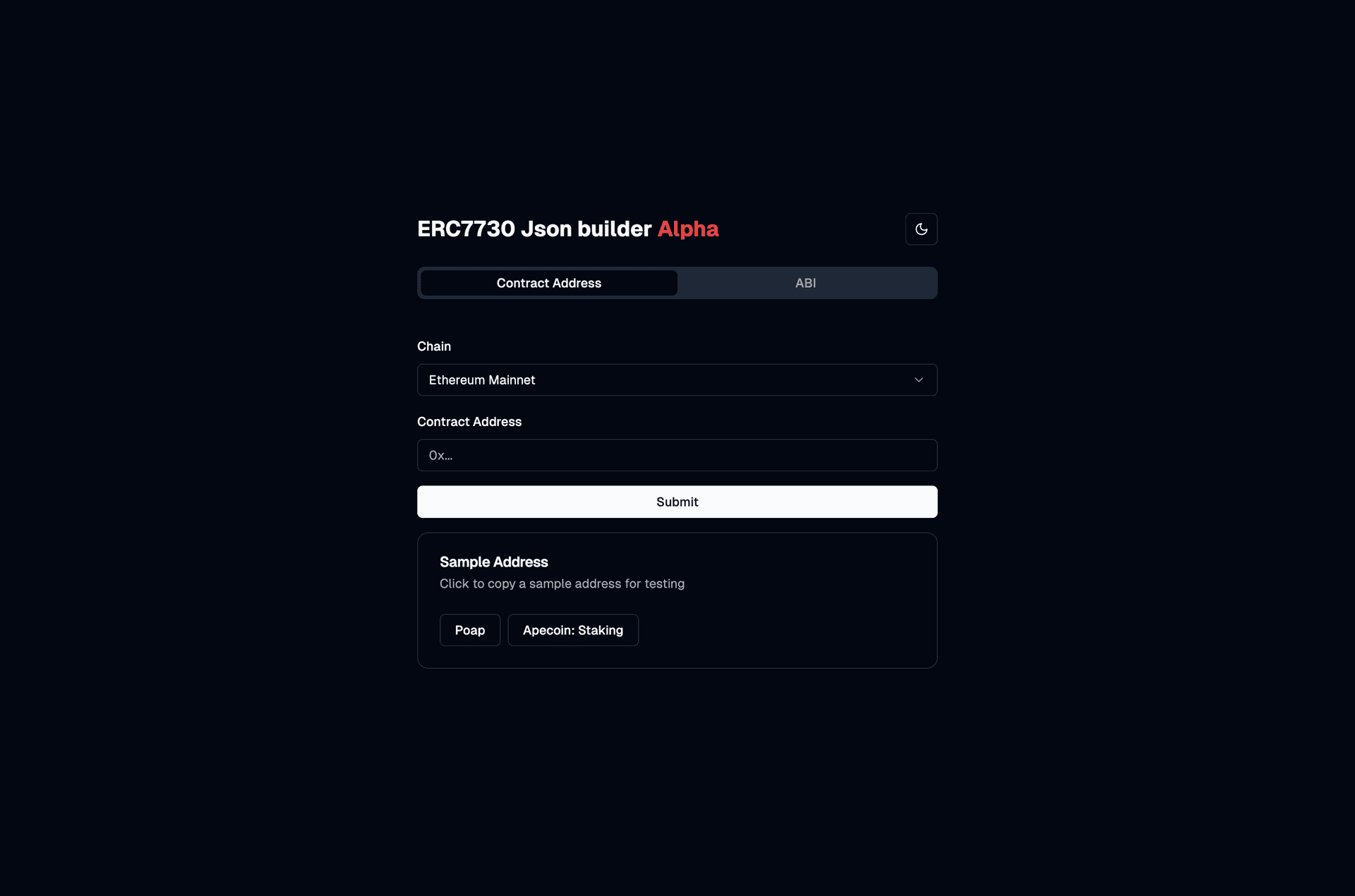 The ERC-7730 JSON Builder interface showing the contract address input field and chain selector