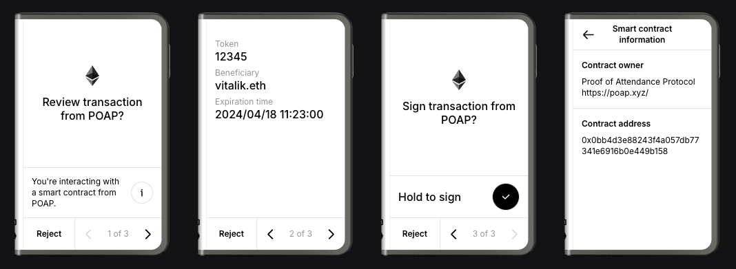 Clear Signed transaction displayed on a Ledger signer's Secure Screen